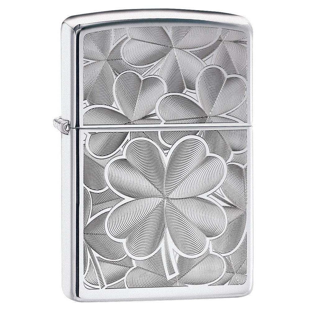 Zippo Lighter: Engraved Four Leaf Clovers - High Polish Chrome 80854