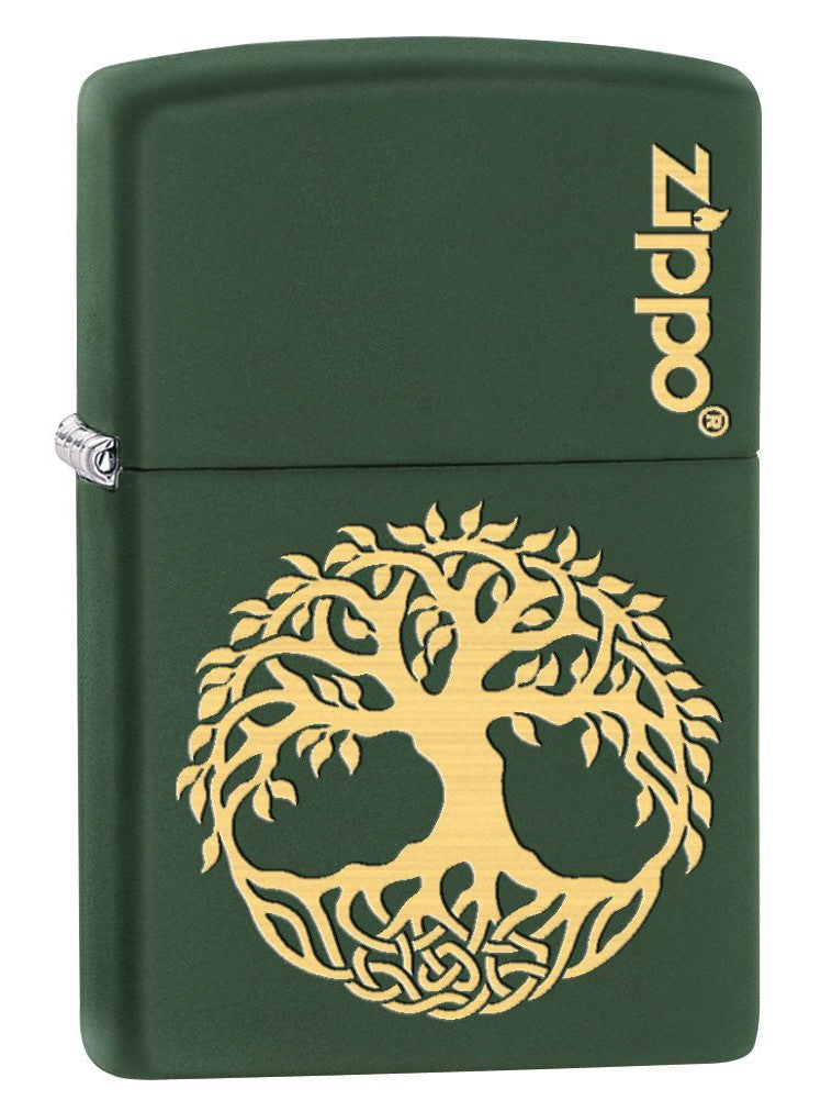 Zippo Lighter: Engraved Tree of Life - Green Matte 79509