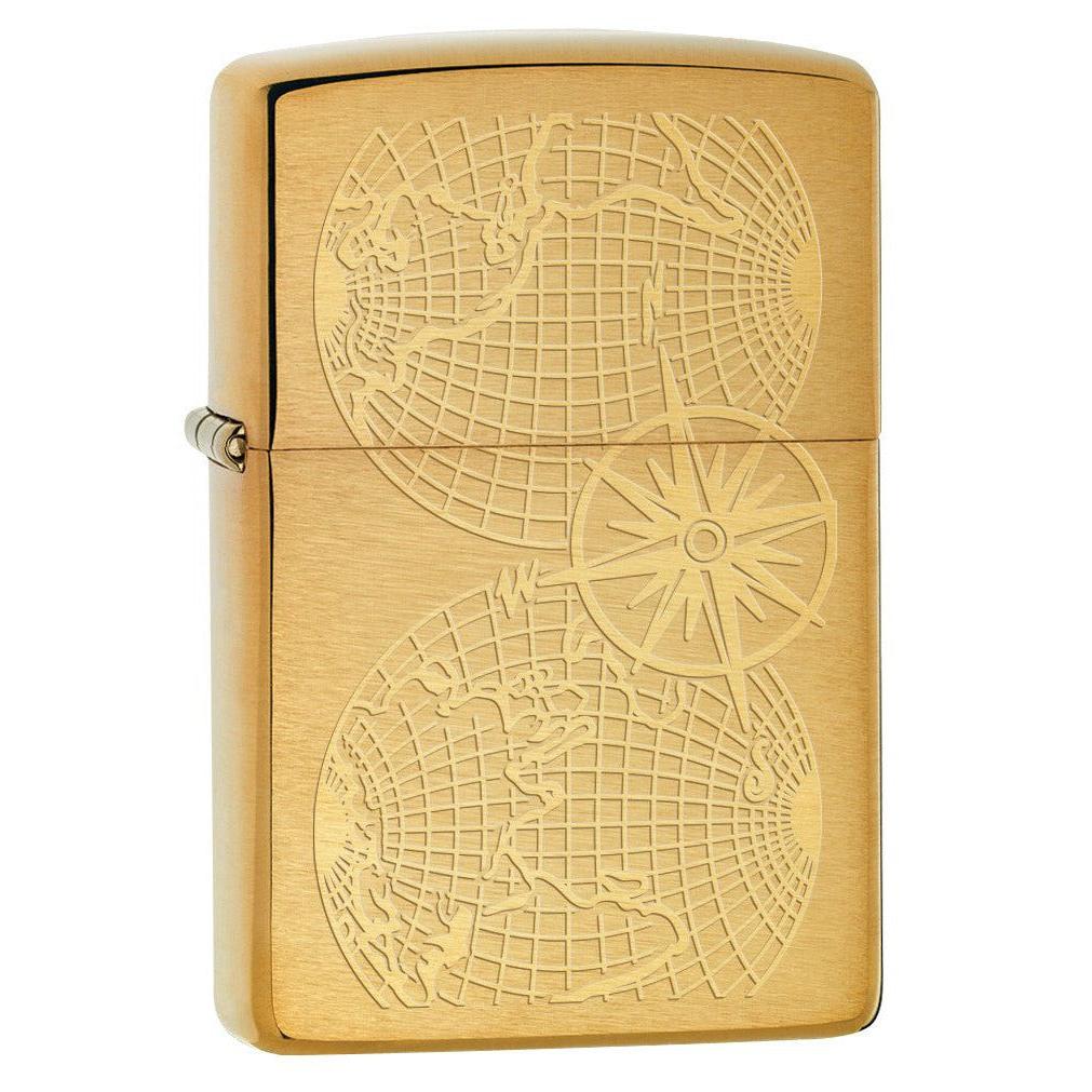 Zippo Lighter: Engraved World Map - Brushed Brass 78072