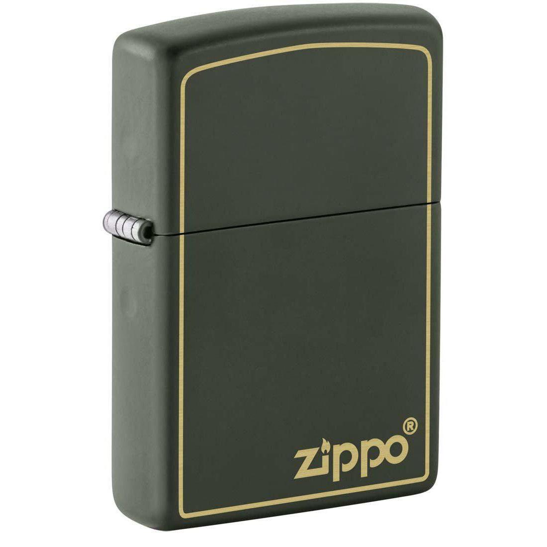 Zippo Lighter: Engraved Zippo Logo with Border - Green Matte 81428