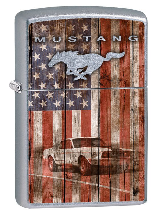 Zippo Lighter: Ford Mustang and American Flag - Street Chrome 79623