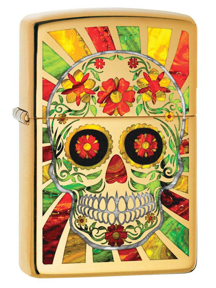 Zippo Lighter: Fusion Day of the Dead Skull - High Polish Brass 80619