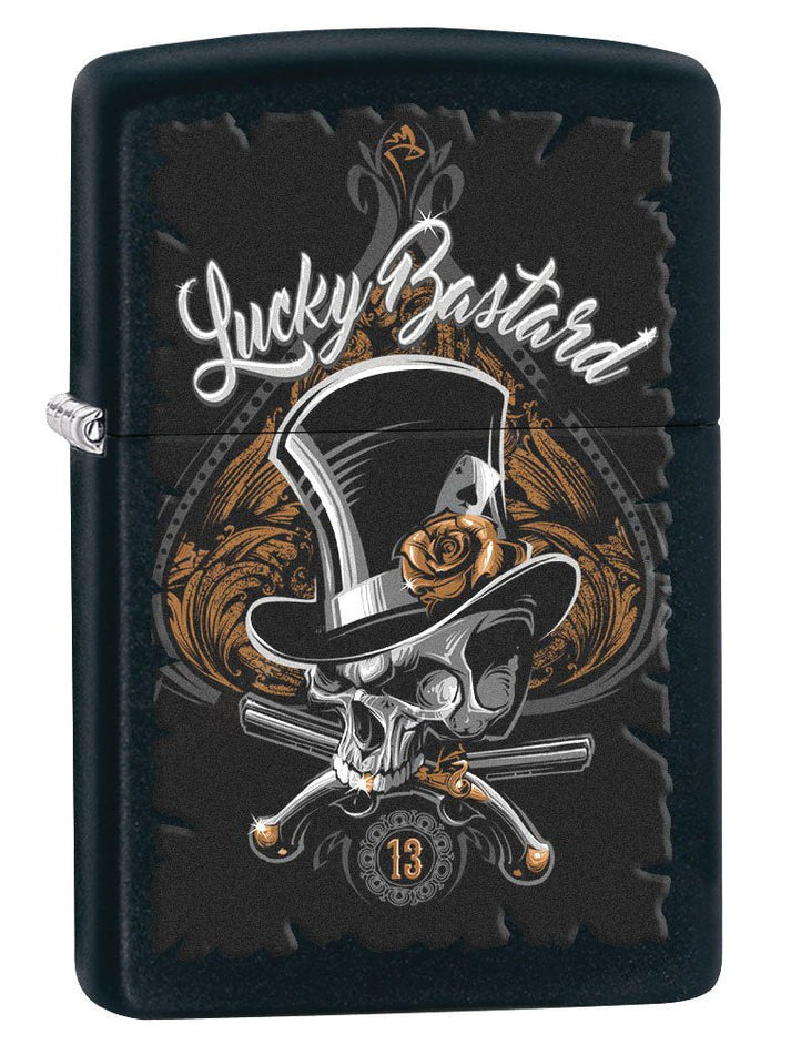 Zippo Lighter: Lucky Bastard Skull - Black Matte 80196