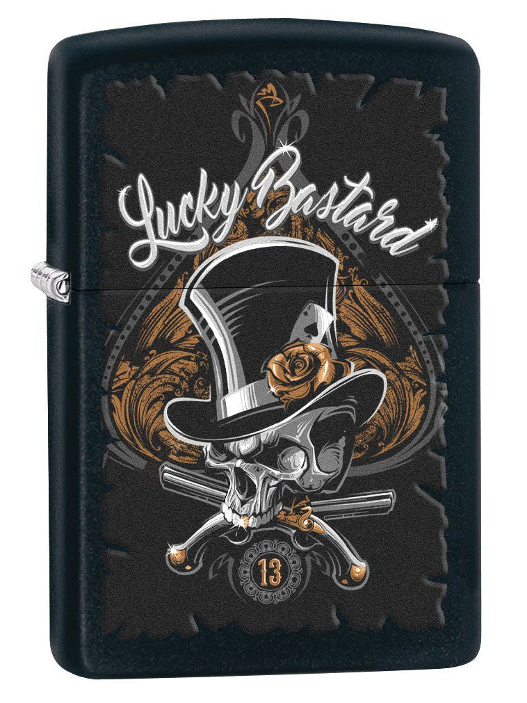 Zippo Lighter: Lucky Bastard Skull - Black Matte 80196