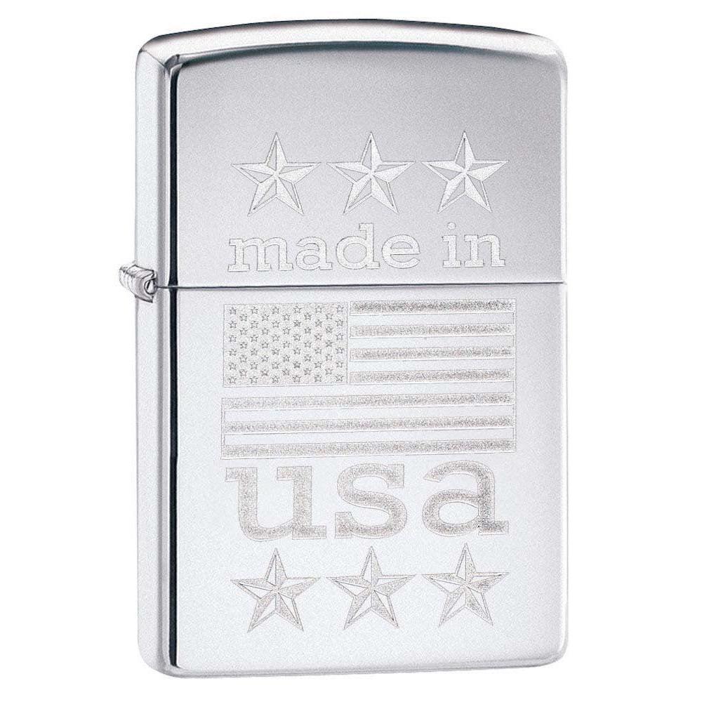 Zippo Lighter: Made in USA with Flag, Engraved - High Polish Chrome 81178