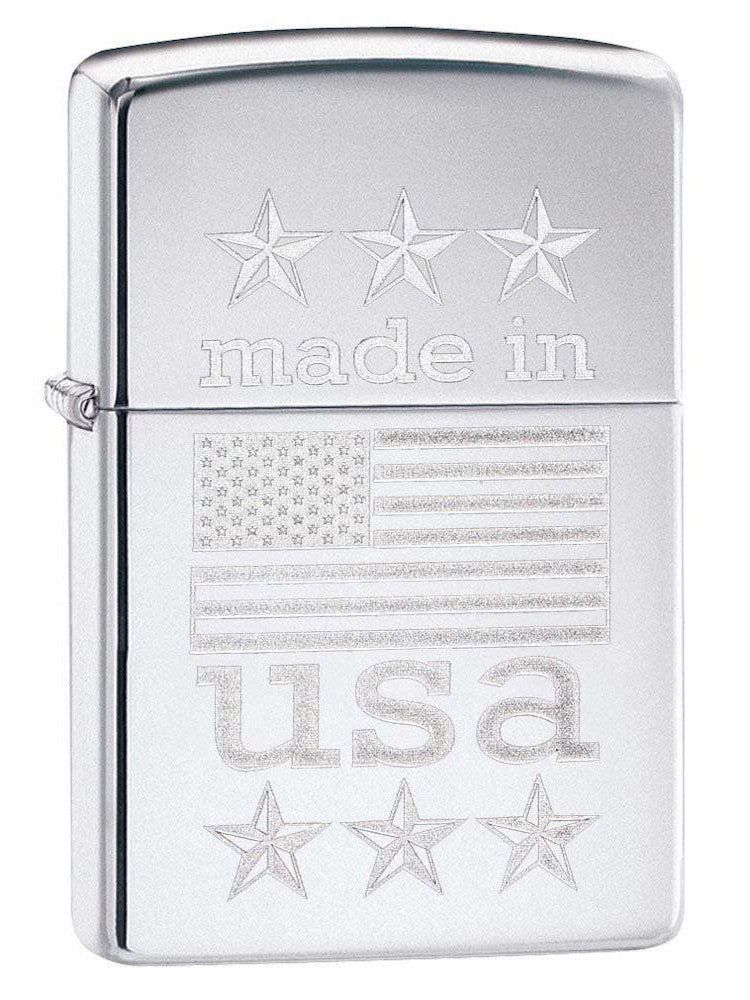 Zippo Lighter: Made in USA with Flag, Engraved - High Polish Chrome 81178