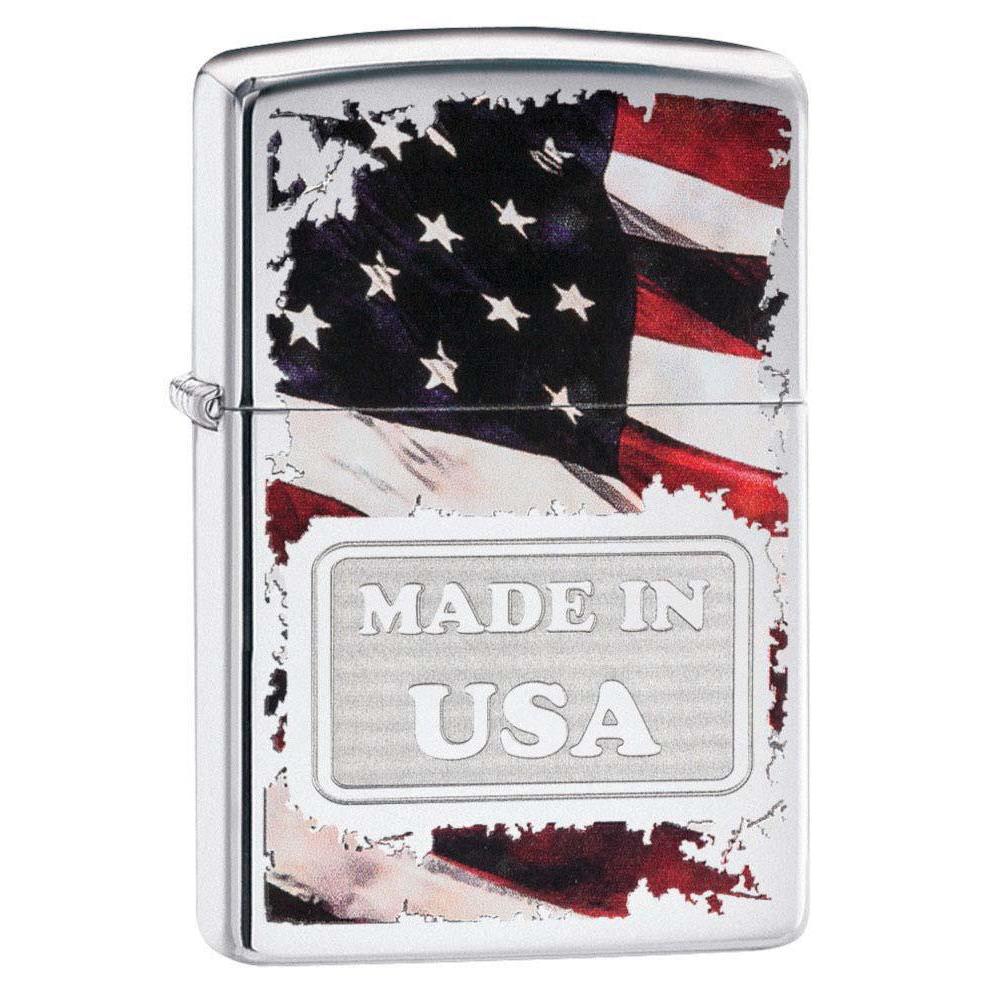 Zippo Lighter: Made in USA with Flag - High Polish Chrome 81184