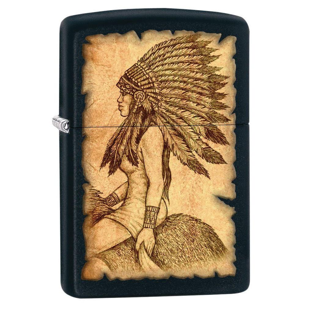Zippo Lighter: Native American on Horseback - Black Matte 80729