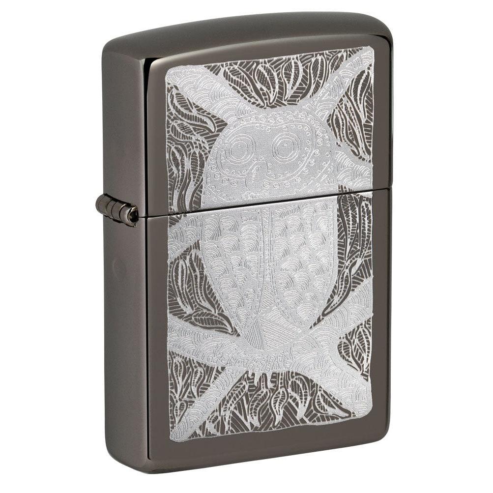 Zippo Lighter: Owl Design by John Smith Gumbula, Engraved - Black Ice 49612