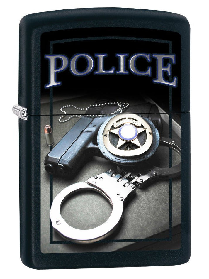 Zippo Lighter: Police Gun, Badge and Handcuffs - Black Matte 78462
