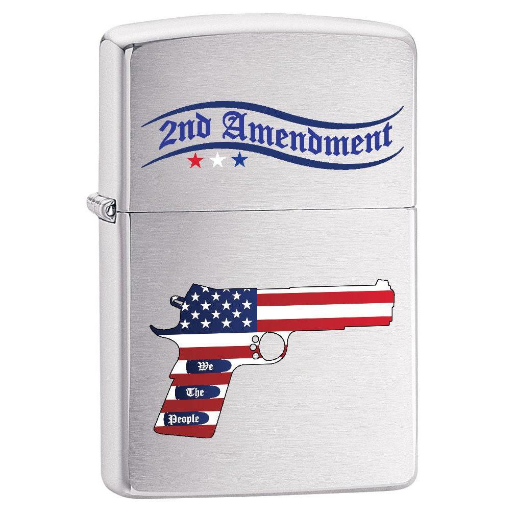 Zippo Lighter: Second Amendment Gun and American Flag - Brushed Chrome 79545