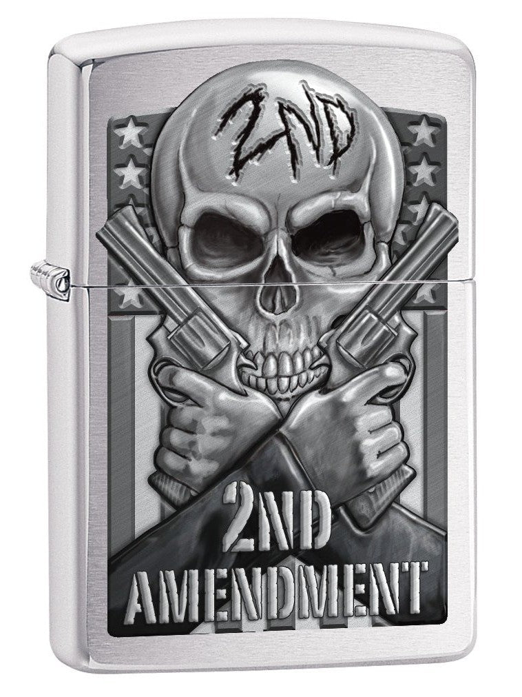 Zippo Lighter: Second Amendment, Skull and Guns - Brushed Chrome 78702