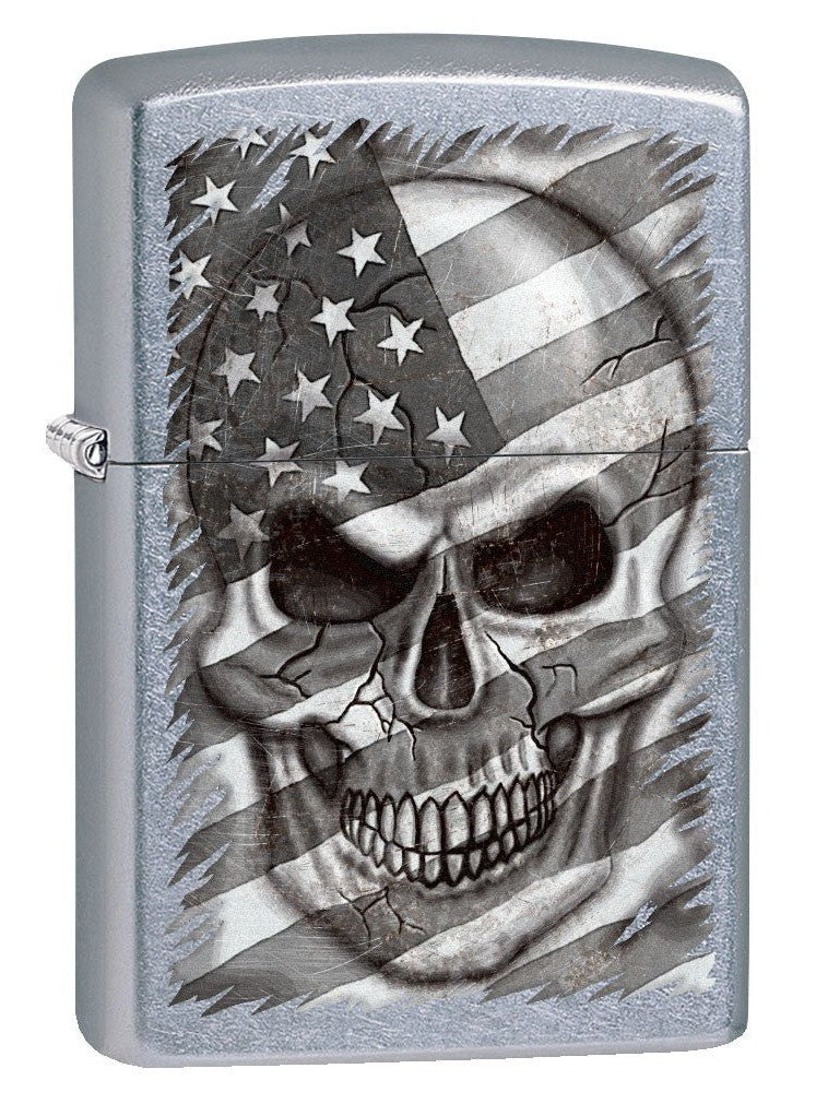 Zippo Lighter: Skull and American Flag in Grey - Street Chrome 80804