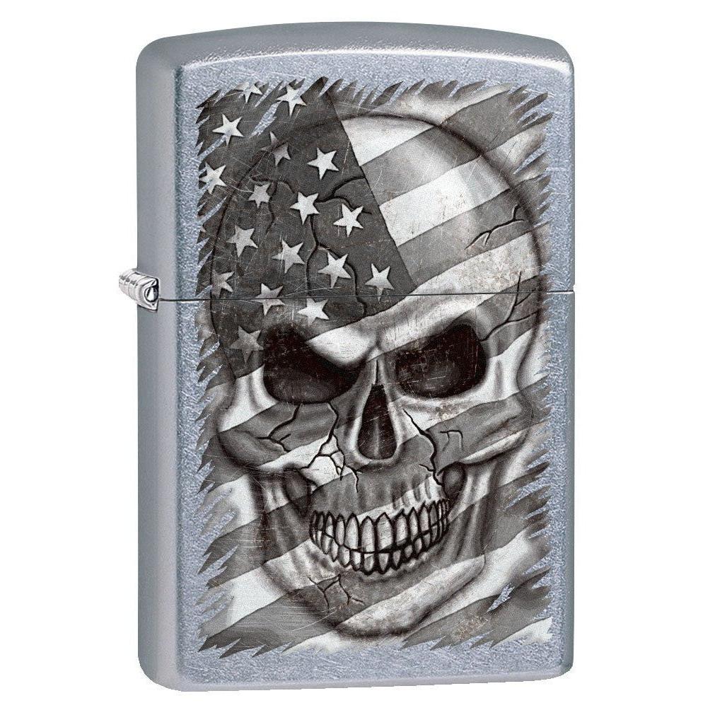 Zippo Lighter: Skull and American Flag in Grey - Street Chrome 80804