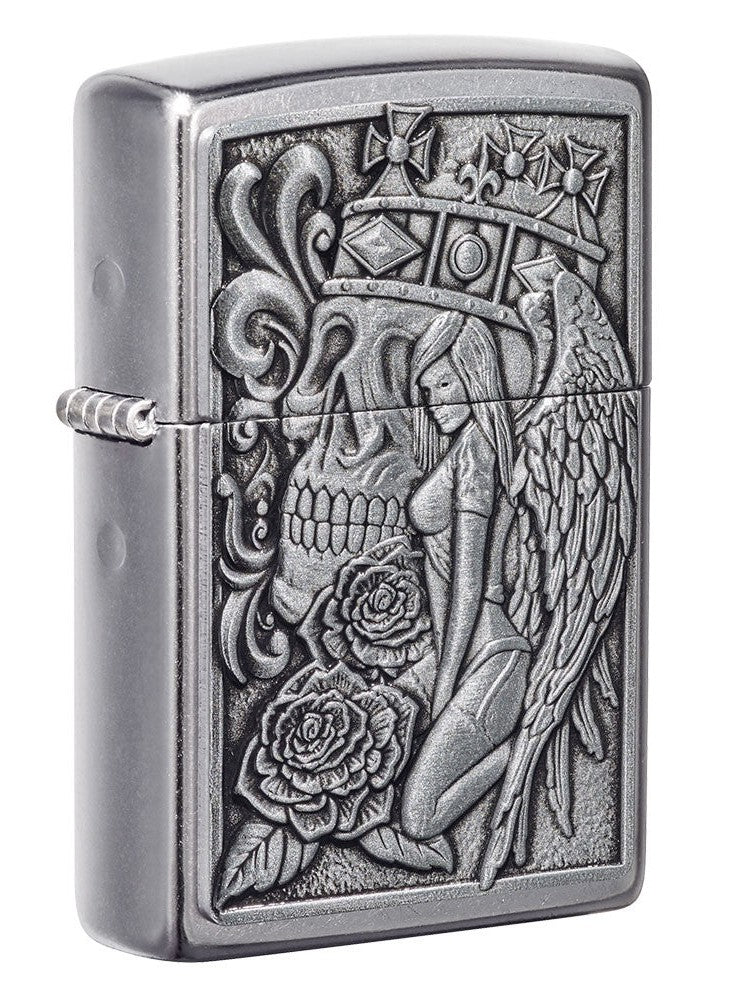 Zippo Lighter: Skull and Angel Emblem - Street Chrome 49442