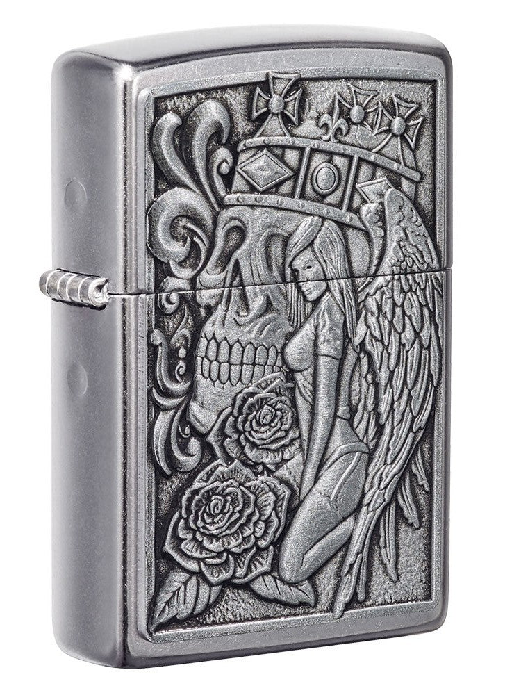 Zippo Lighter: Skull and Angel Emblem - Street Chrome 49442