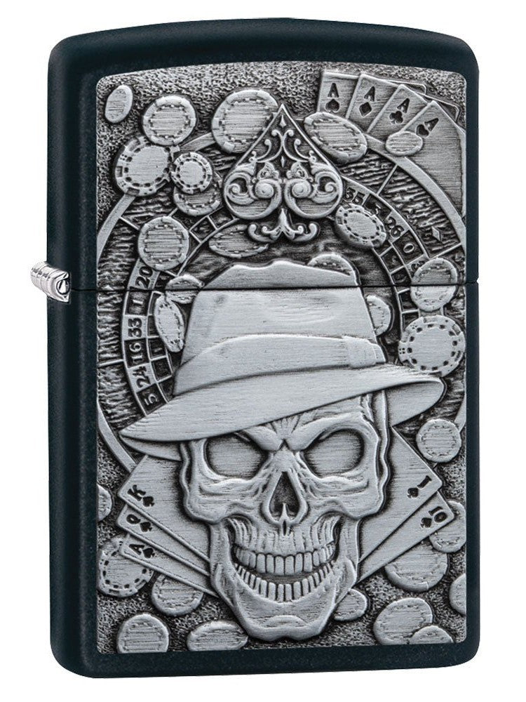 Zippo Lighter: Skull and Casino Emblem - Black Matte 49183