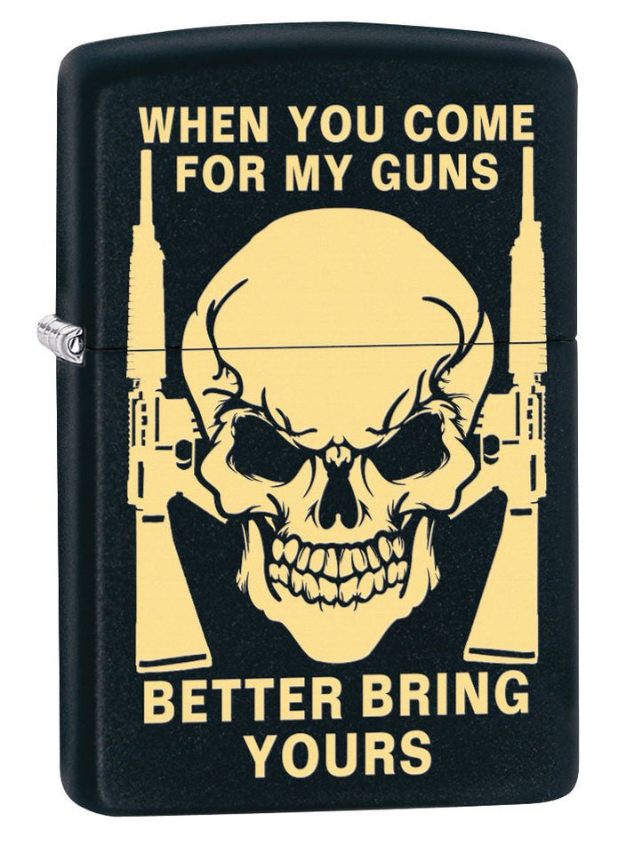 Zippo Lighter: Skull, Bring Your Guns Engraved - Black Matte 80430