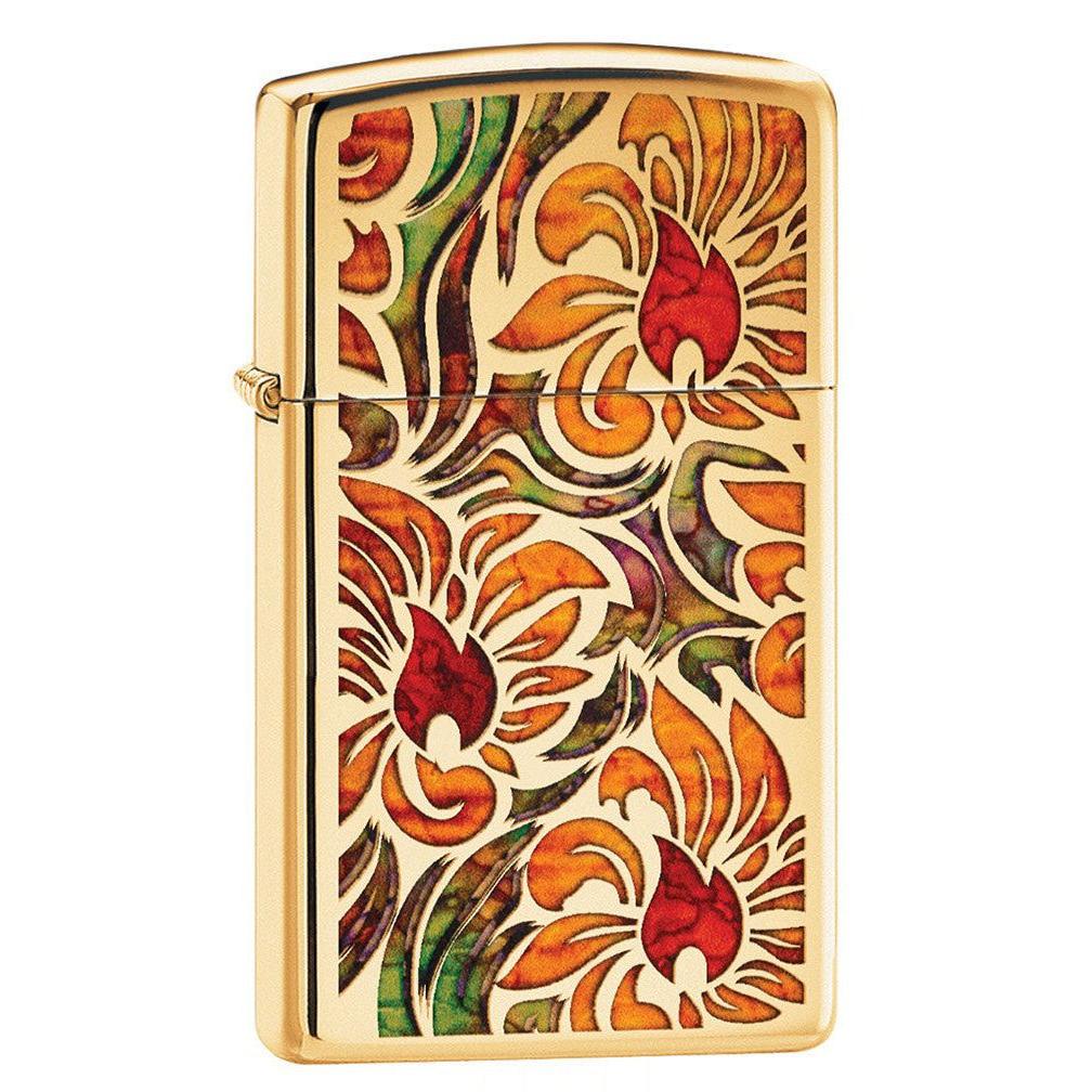 Zippo Lighter: Slim Floral Pattern, Fusion - High Polish Brass 80797