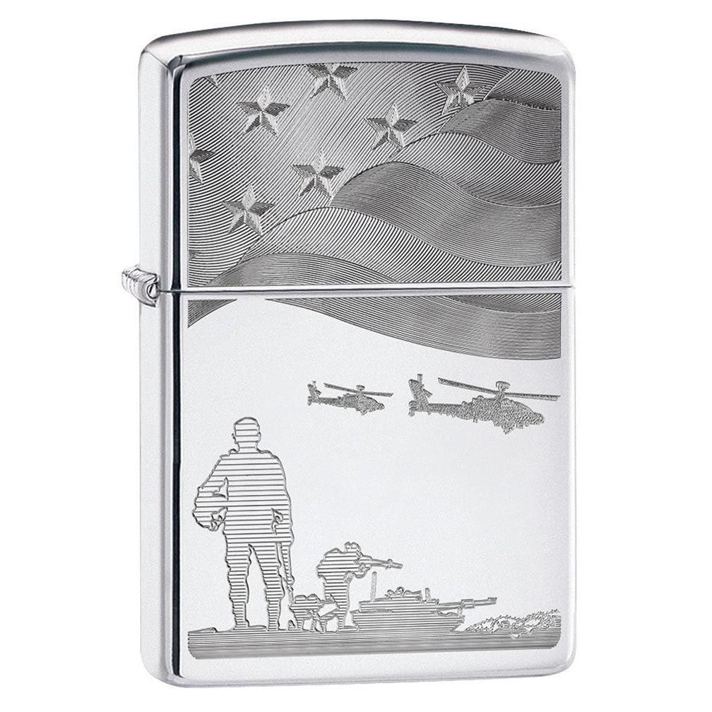 Zippo Lighter: Soldiers and American Flag, Engraved - High Polish Chrome 80790
