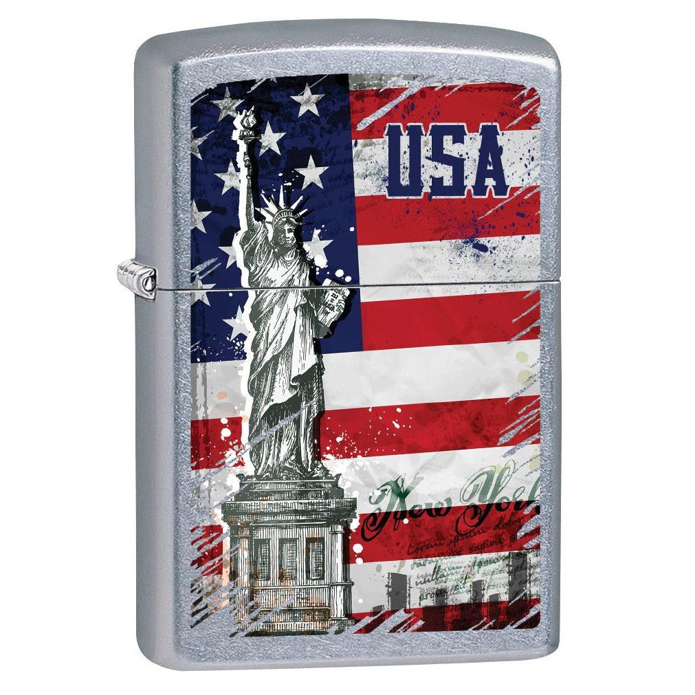 Zippo Lighter: Statue of Liberty and American Flag - Street Chrome 79227
