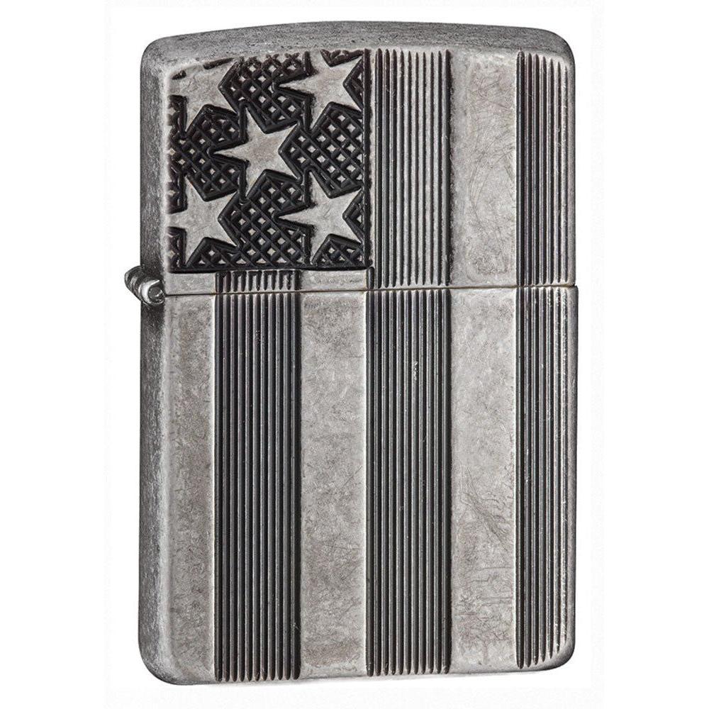 Zippo Lighter: United States Flag, Armor - Antique Silver Plate 28974