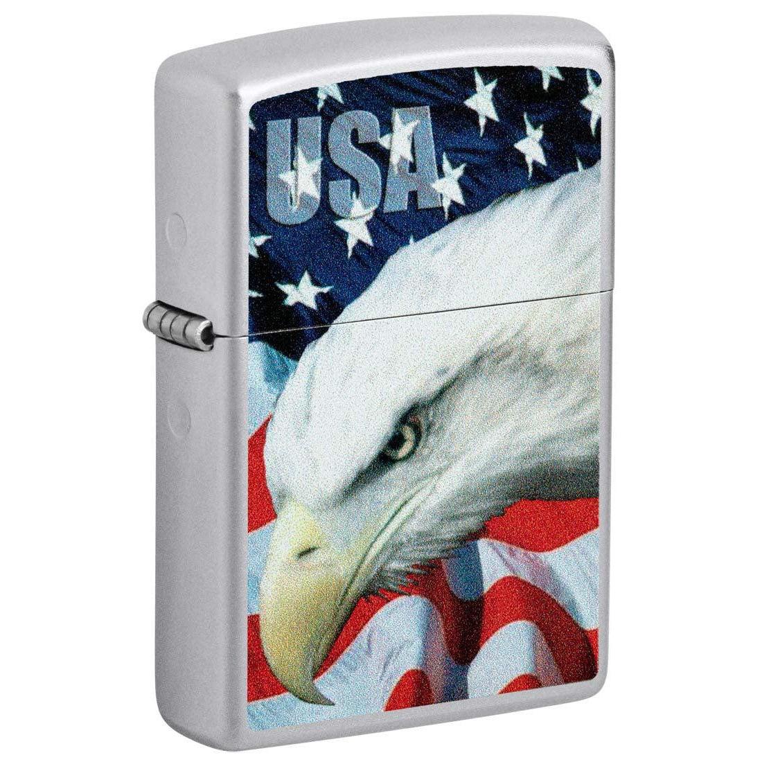 Zippo Lighter: USA Bald Eagle and Flag - Satin Chrome 81402