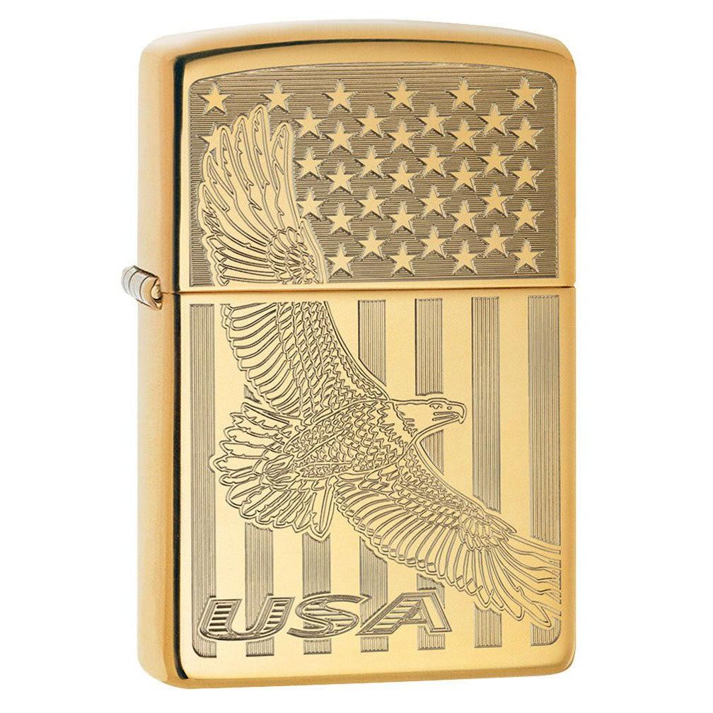 Zippo Lighter: USA Flying Eagle and Flag, Engraved - High Polish Brass 80744