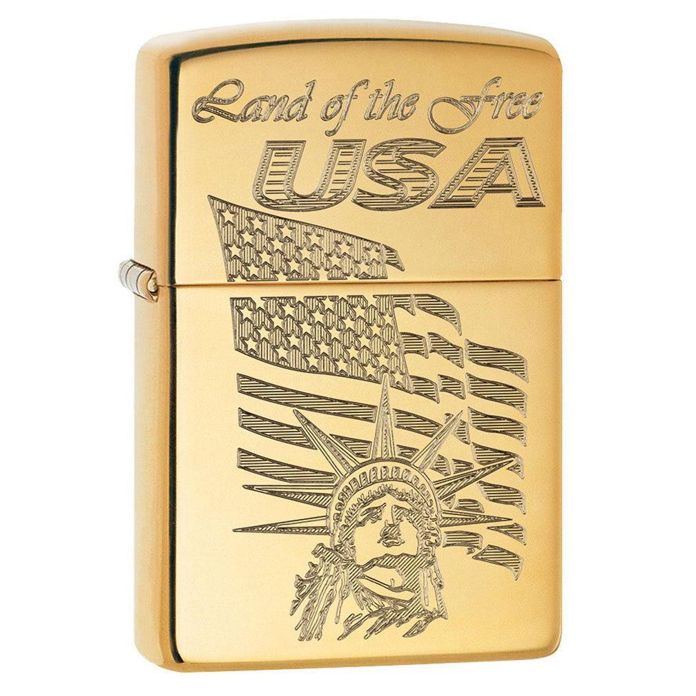 Zippo Lighter: USA Land of the Free, Engraved - High Polish Brass 80681