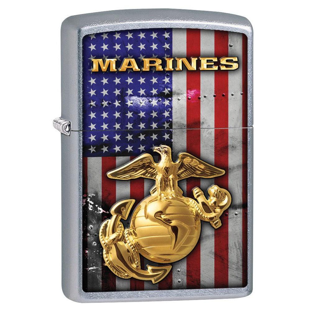 Zippo Lighter: USMC Marines Logo and American Flag - Street Chrome 80951