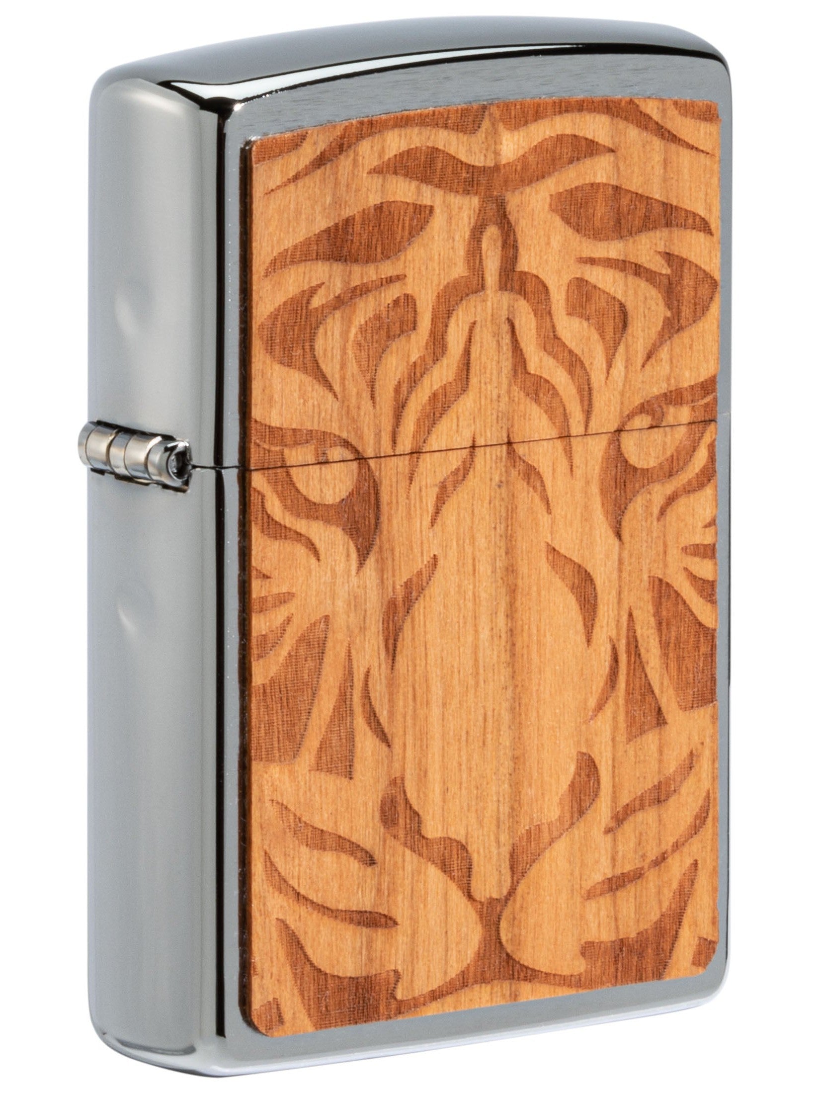 Zippo Lighter: Woodchuck Cherry with Tiger - Brushed Chrome 49707