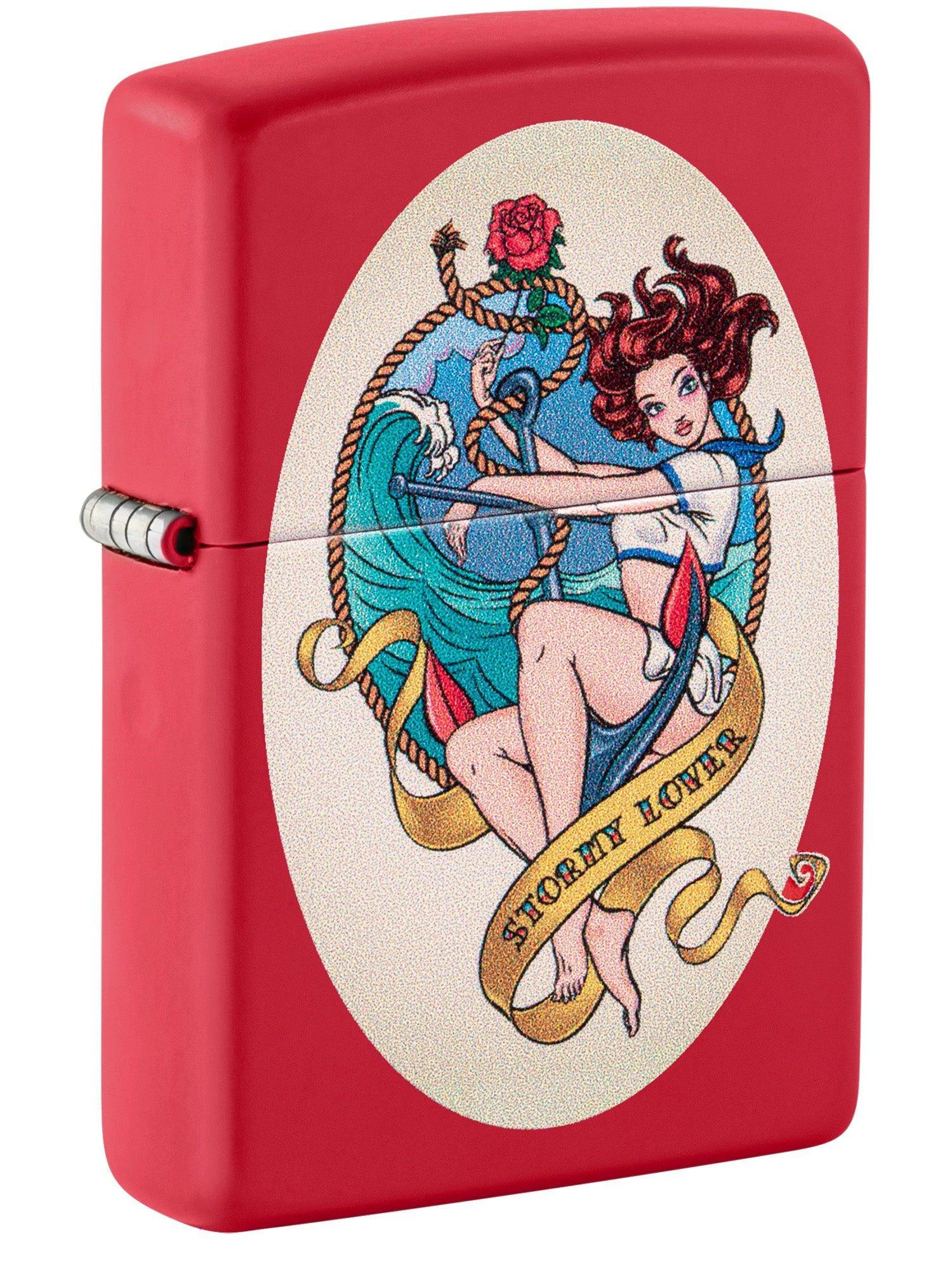 Zippo Lighter: Stormy Lover Tattoo, Pin-up Girl - Red Matte 46058