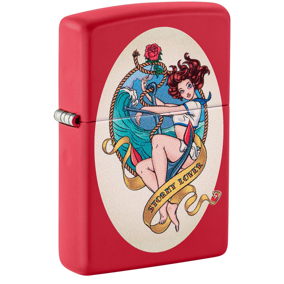 Zippo Lighter: Stormy Lover Tattoo, Pin-up Girl - Red Matte 46058