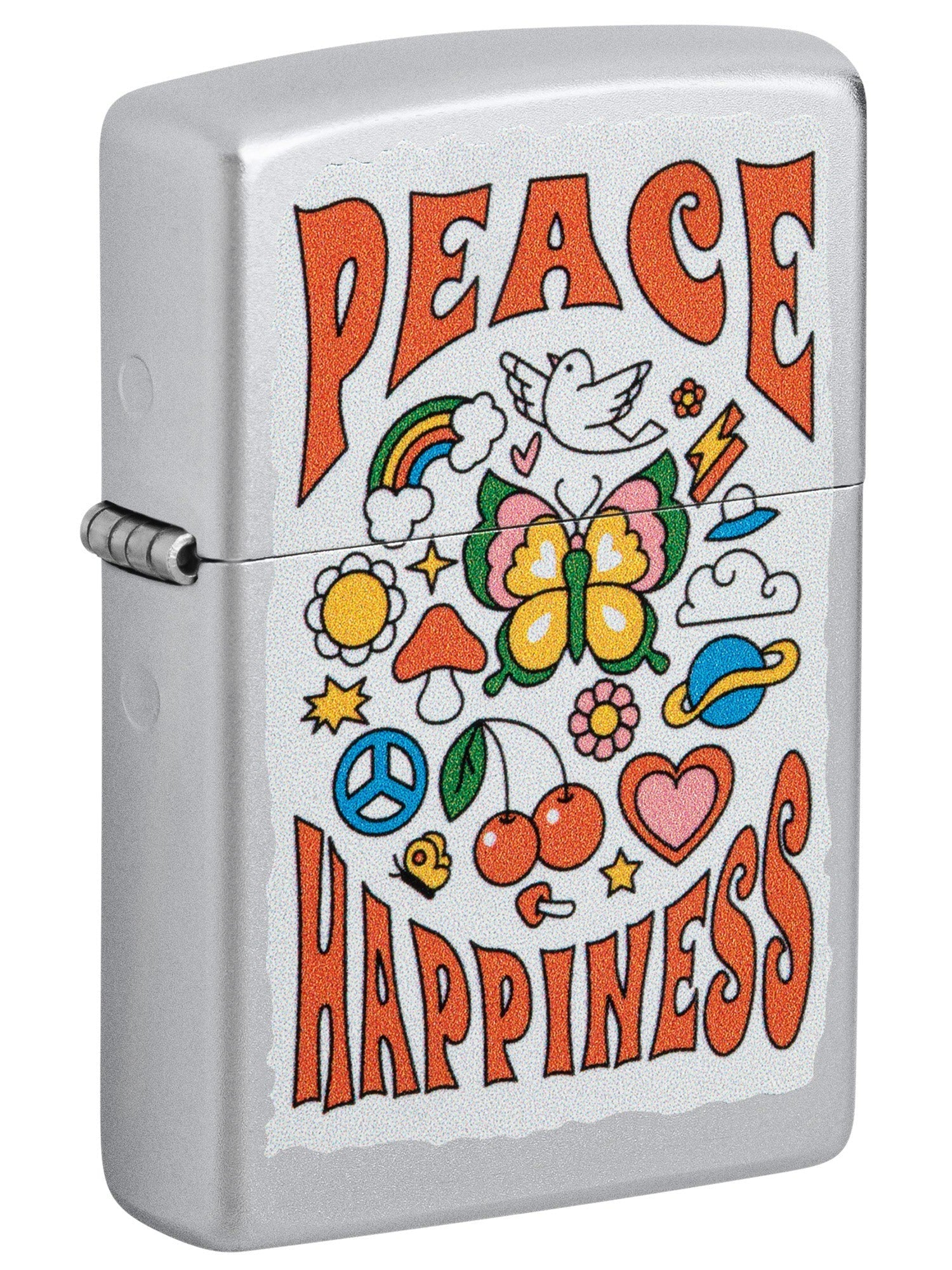 Zippo Lighter: Peace and Happiness Symbols - Satin Chrome 46062