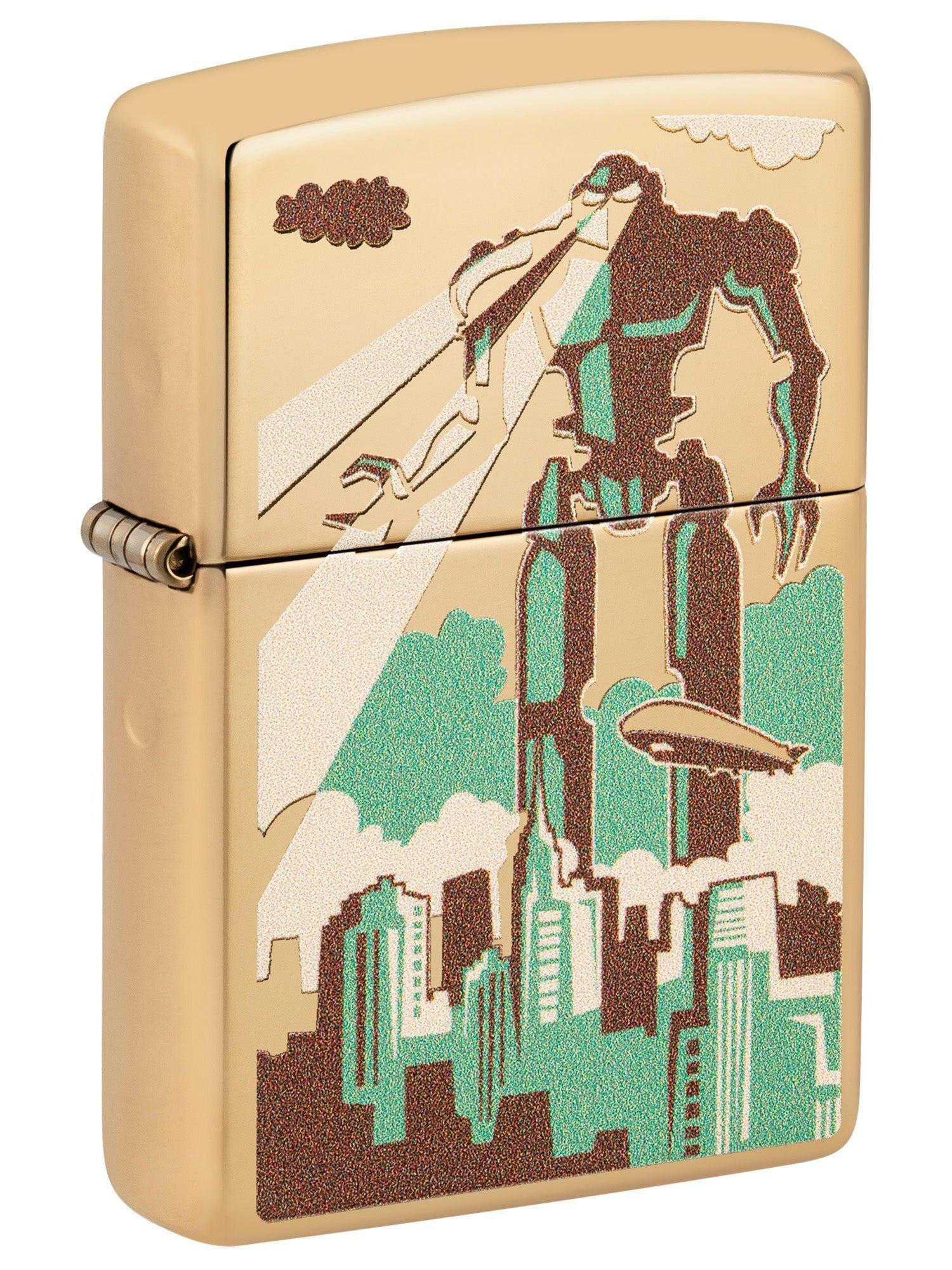 Zippo Lighter: Robot Over City - High Polish Brass 46070