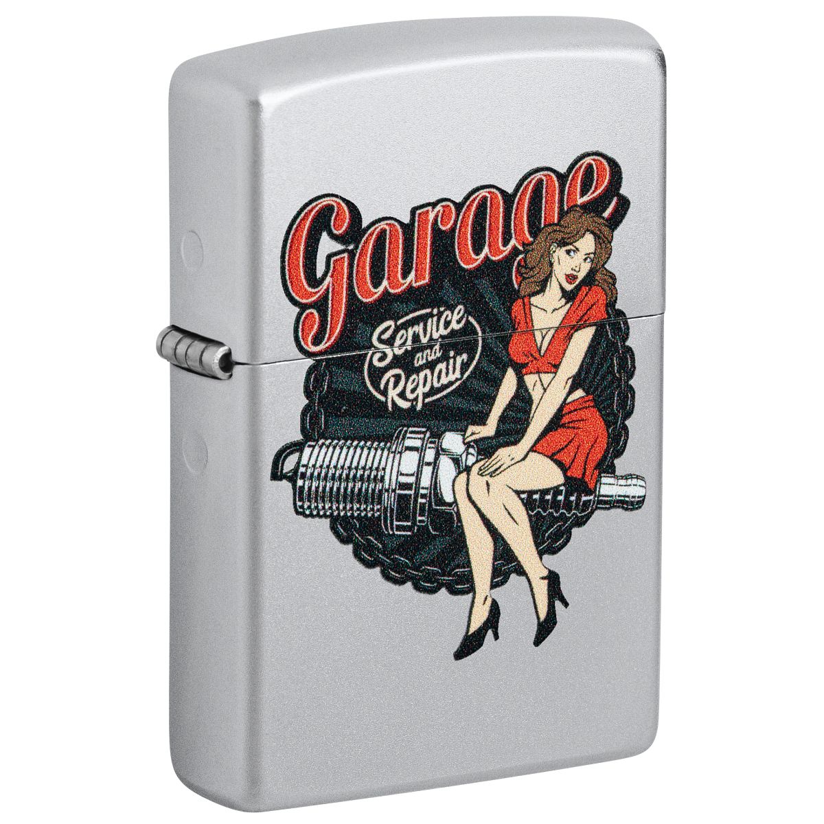 Zippo Lighter: Garage Auto Repair, Pin-up Girl - Satin Chrome 46072