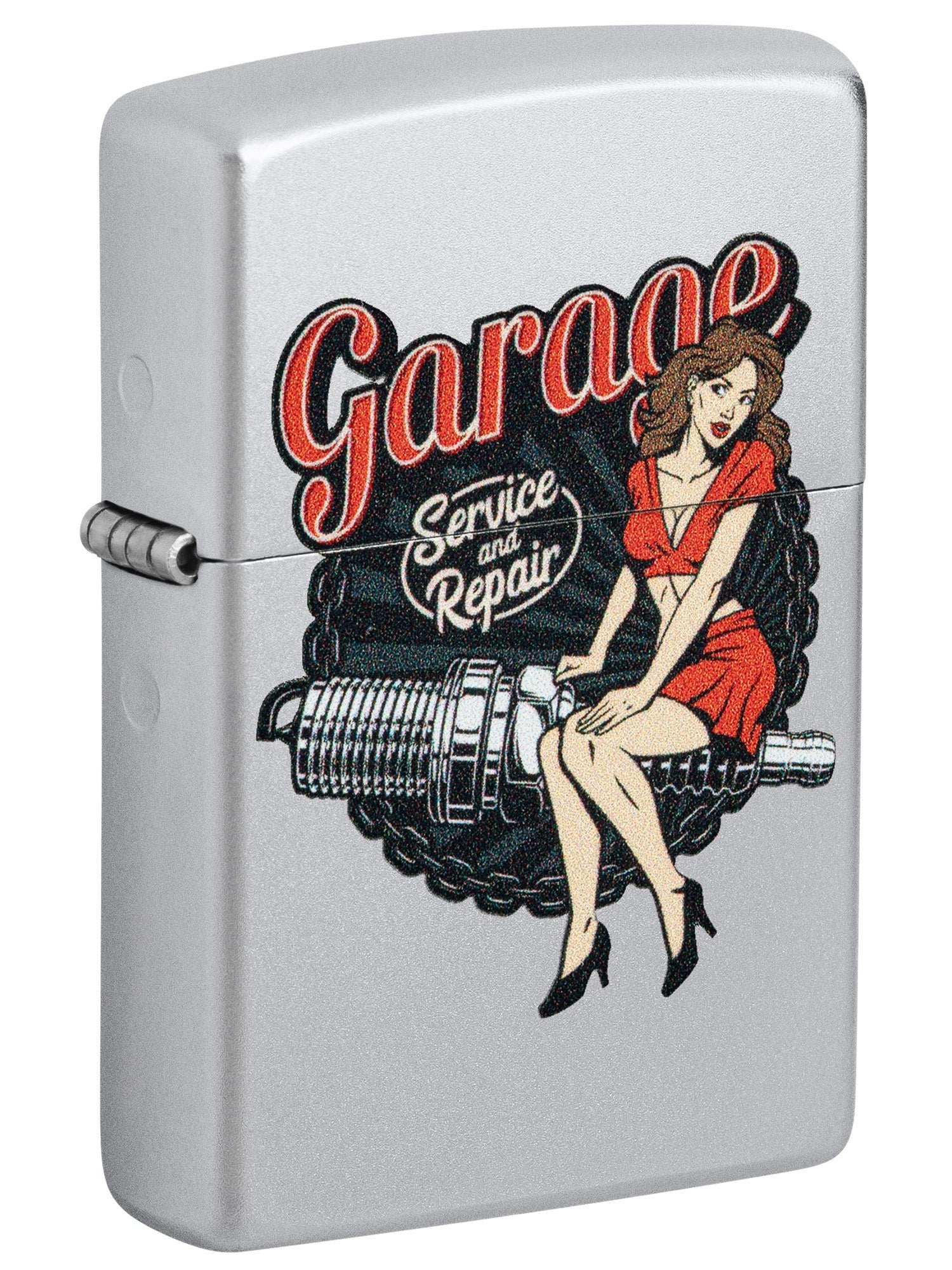 Zippo Lighter: Garage Auto Repair, Pin-up Girl - Satin Chrome 46072