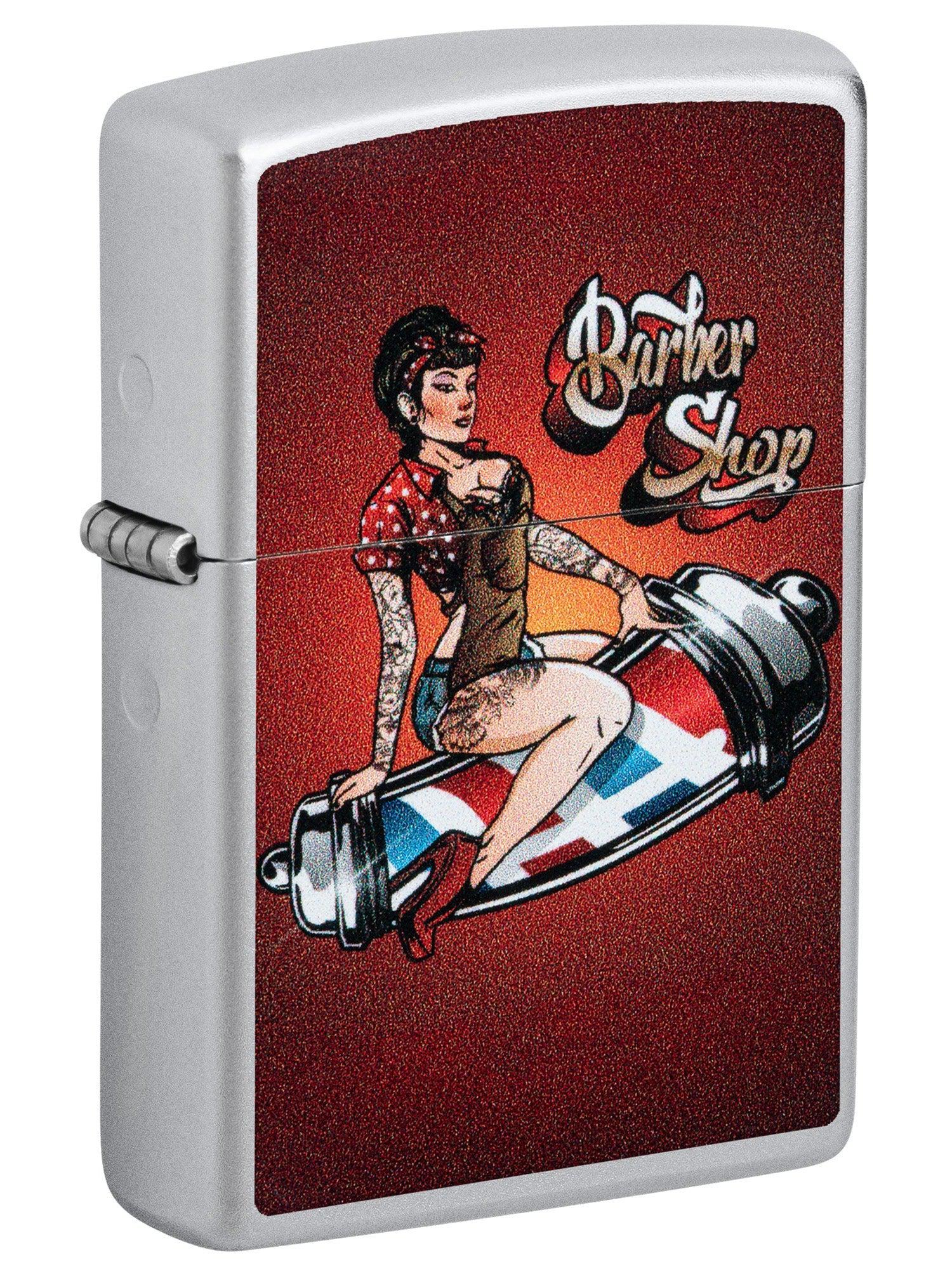 Zippo Lighter: Barber Shop, Pin-up Girl - Satin Chrome 46073