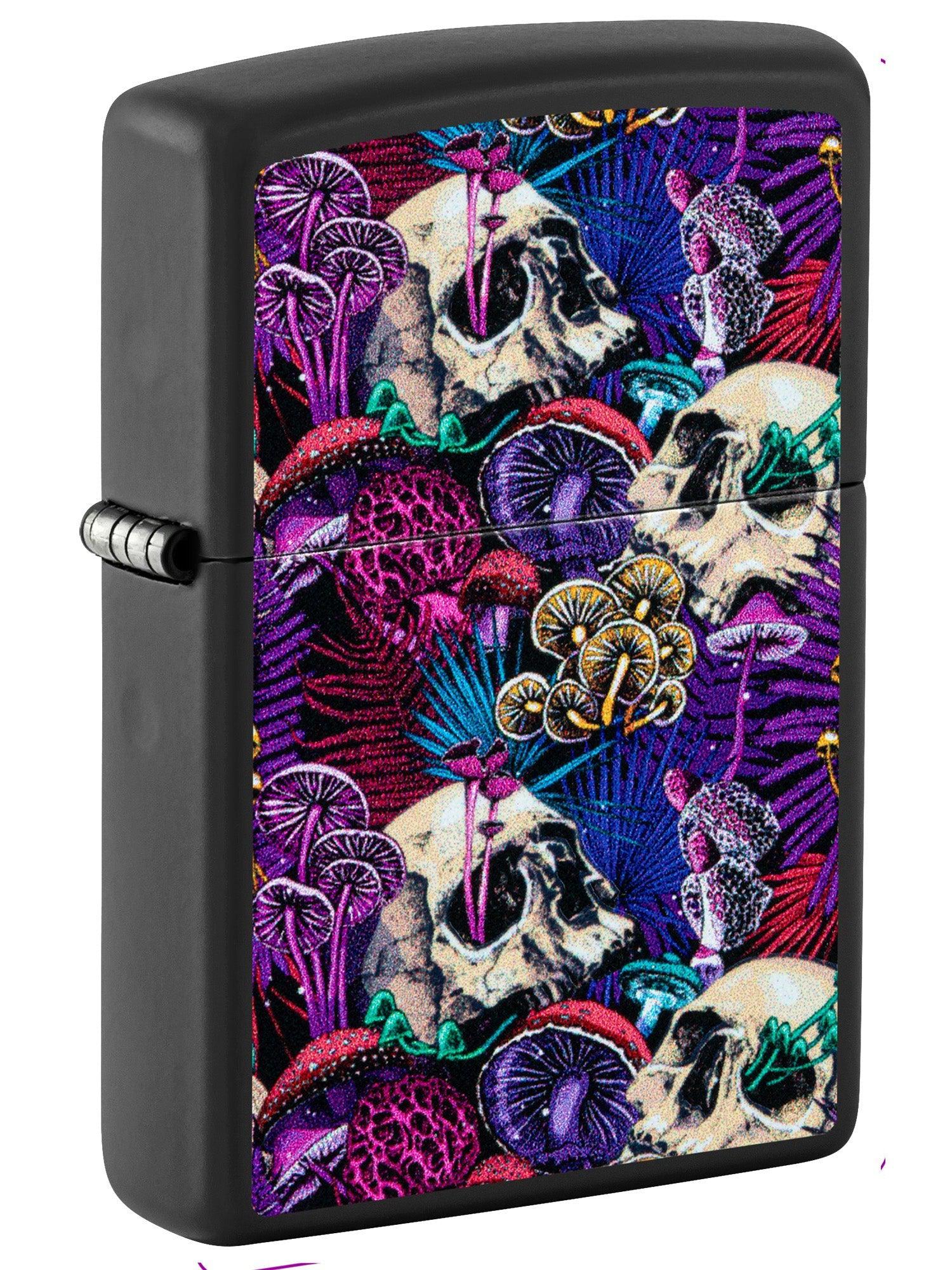 Zippo Lighter: Skulls and Mushrooms with Blacklight - Black Matte 46087