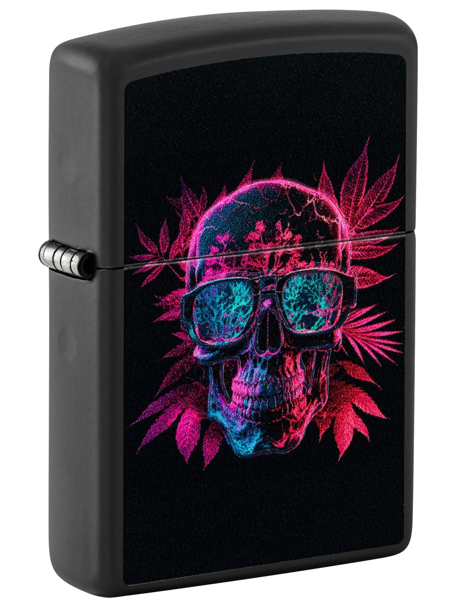 Zippo Lighter: Skull and Weed Leaves with Blacklight - Black Matte 46089