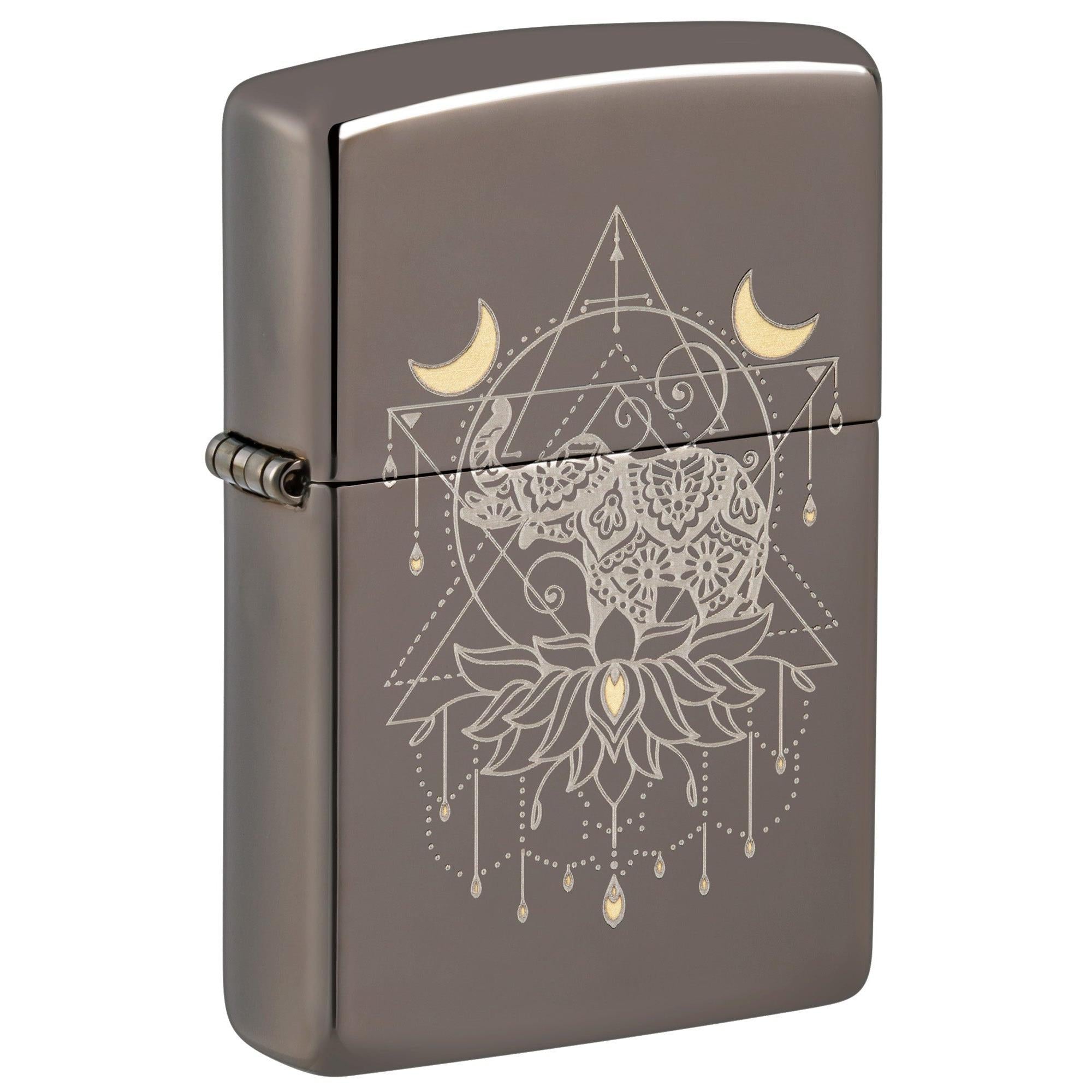 Zippo Lighter: Engraved Elephant and Lotus Flower - Black Ice 46103