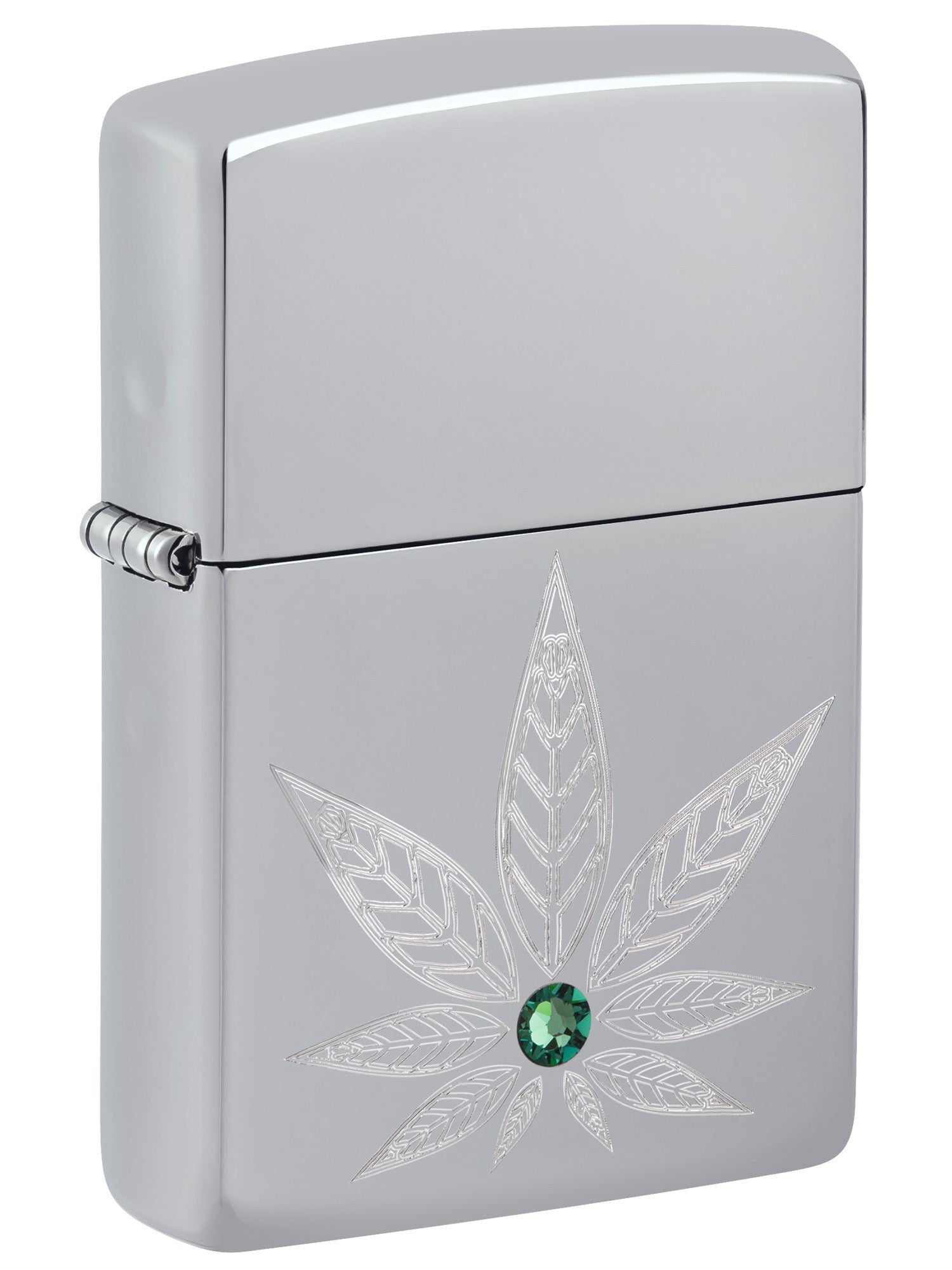 Zippo Lighter: Engraved Weed Leaf with Crystal - High Polish Chrome 46126