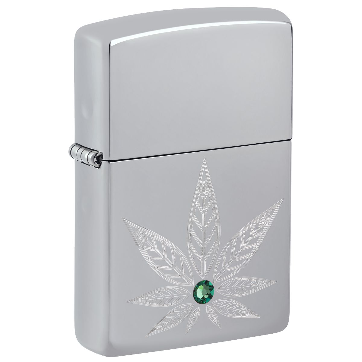 Zippo Lighter: Engraved Weed Leaf with Crystal - High Polish Chrome 46126