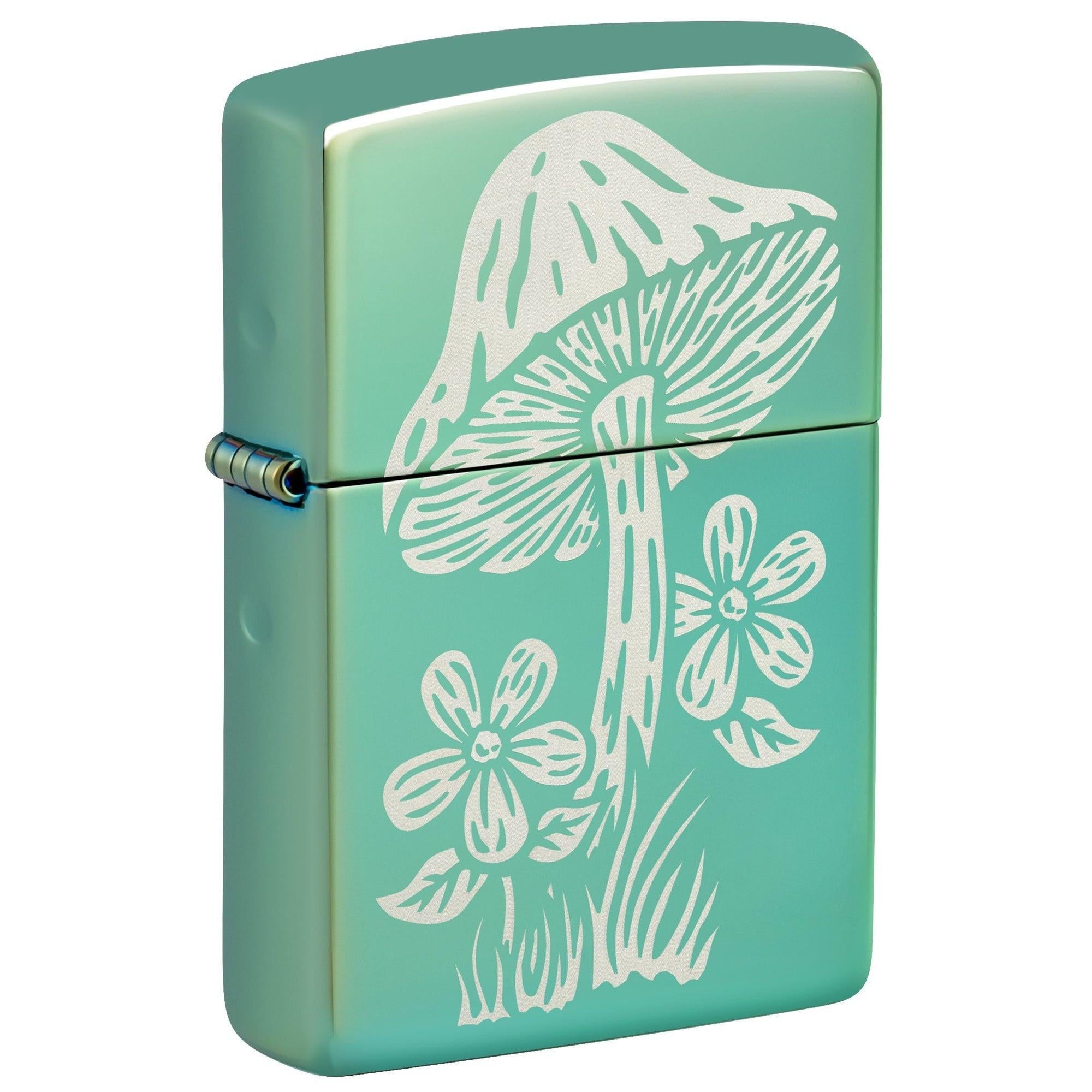 Zippo Lighter: Engraved Mushroom Design - High Polish Green 46178