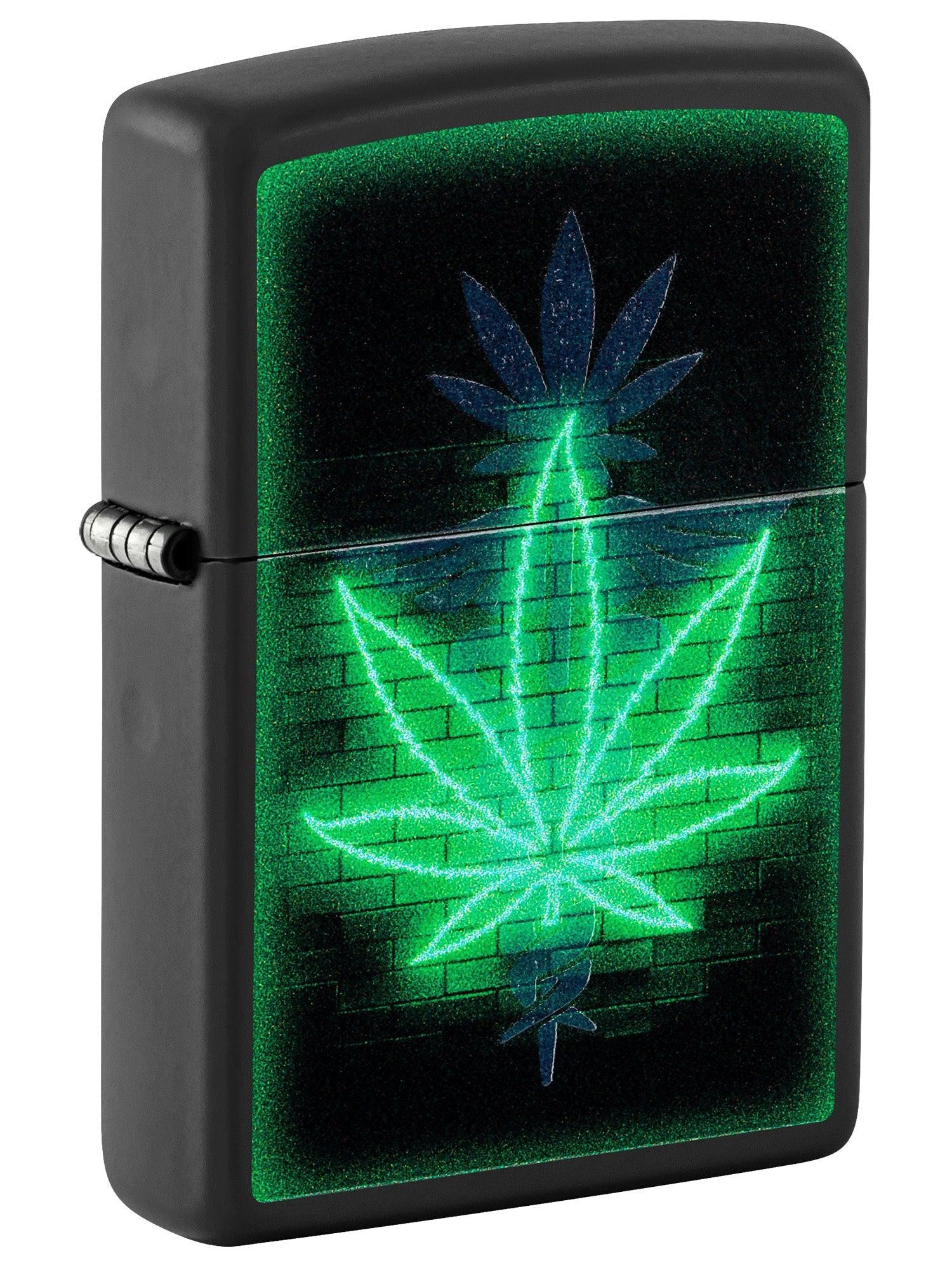 Zippo Lighter: Gleaming Weed Leaf with Black Light - Black Matte 46266