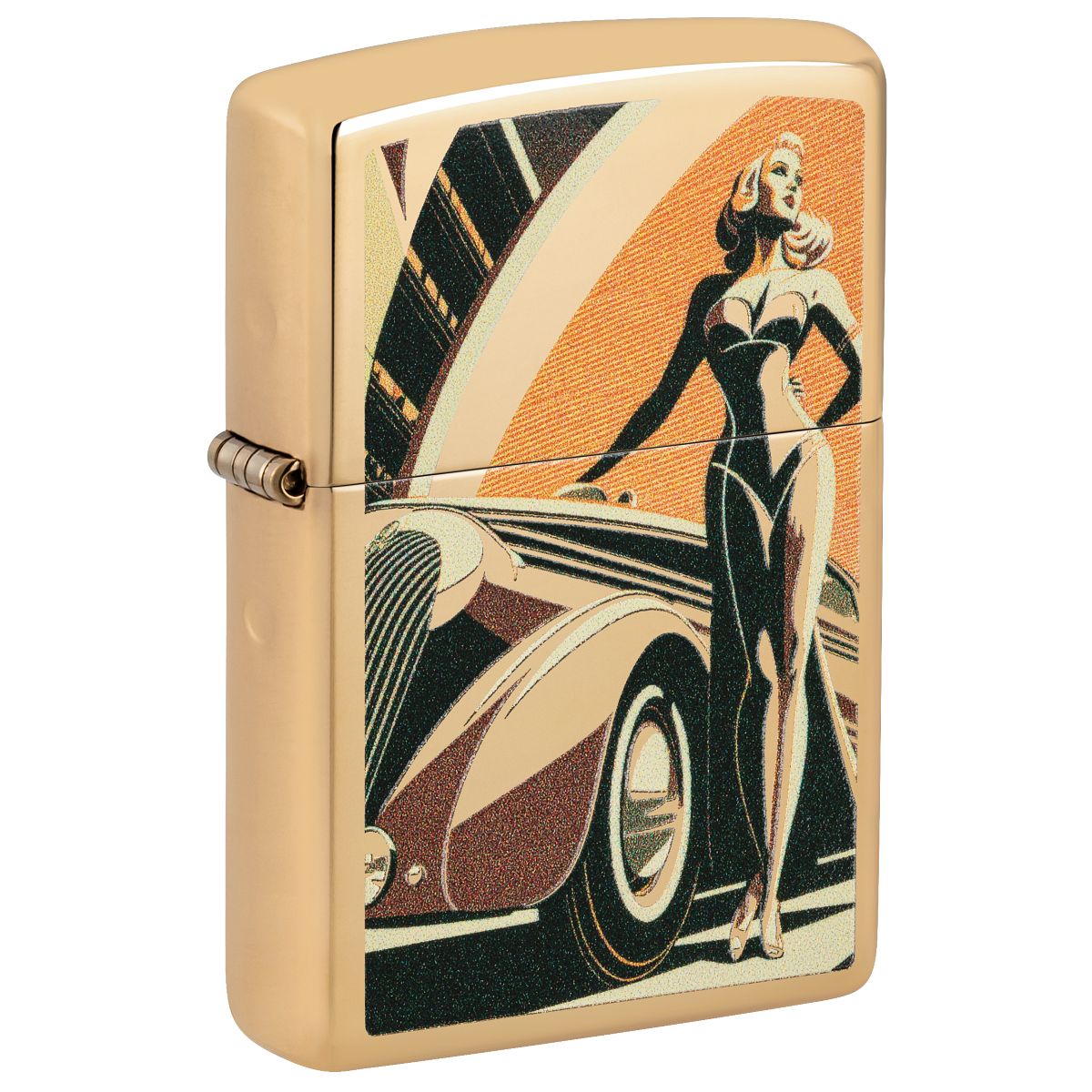 Zippo Lighter: Retro Car and Pin-up Girl - High Polish Brass 46348