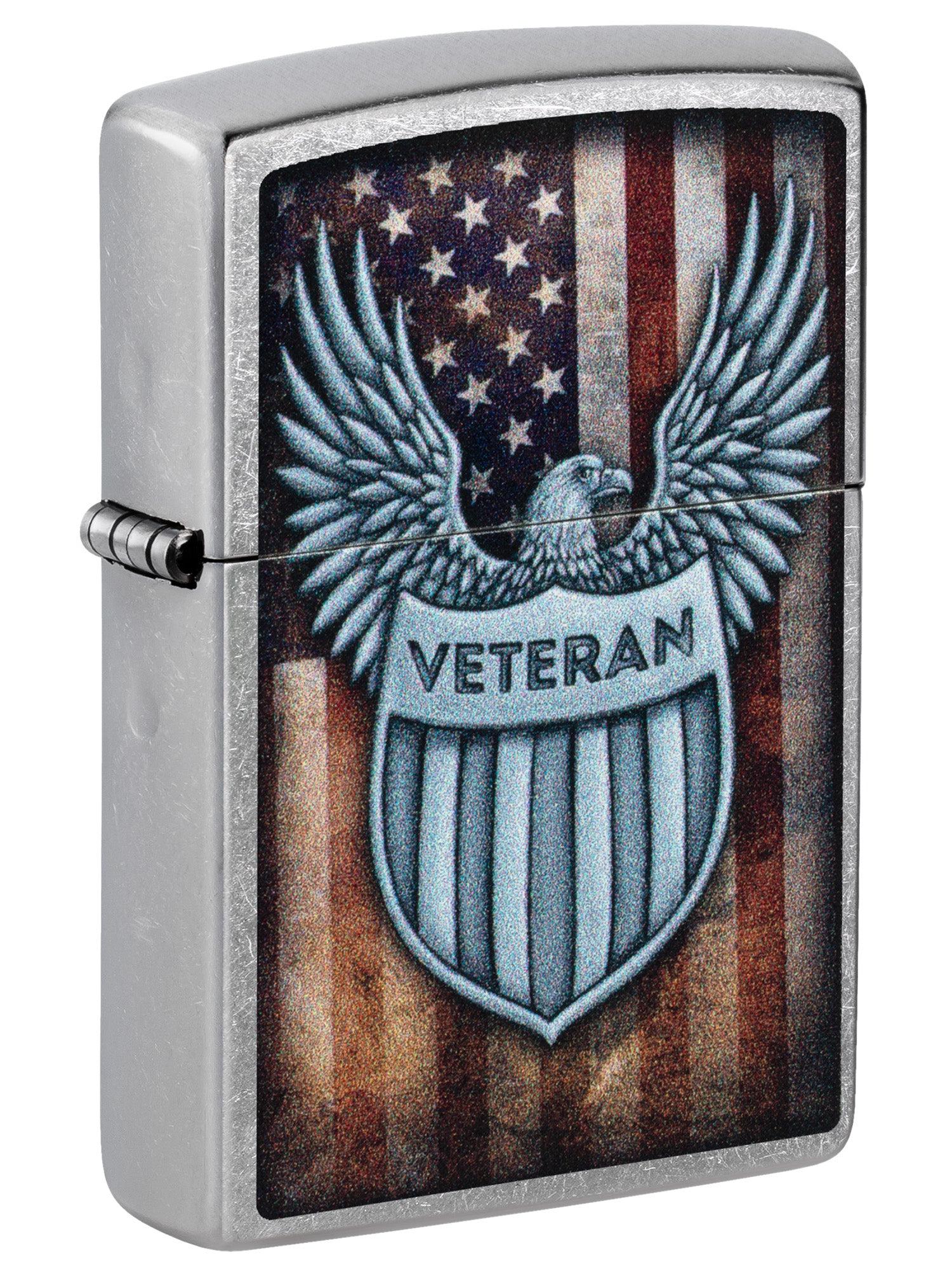 Zippo Lighter: Veteran Crest and American Flag - Street Chrome 46824