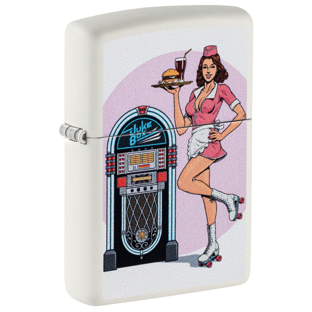 Zippo Lighter: Pin-up Waitress with Roller Skates - White Matte 46902