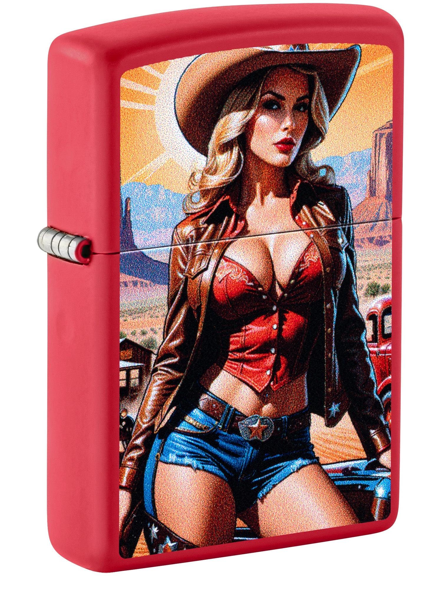 Zippo Lighter: Pin-up Cowgirl - Red Matte 46904