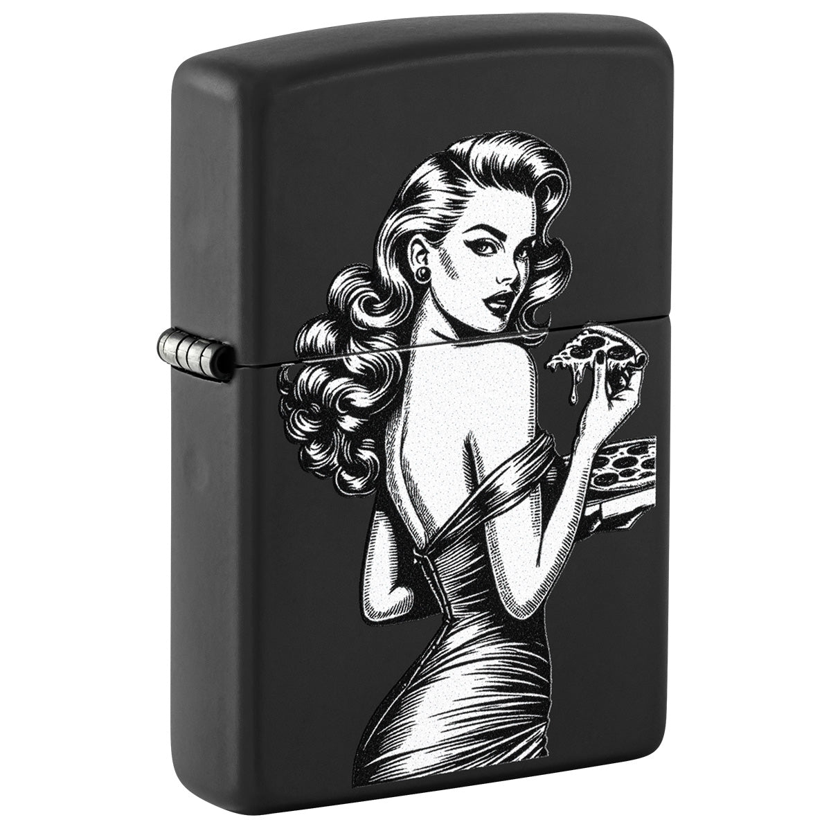 Zippo Lighter: Pin-up Girl with Pizza - Black Matte 46907